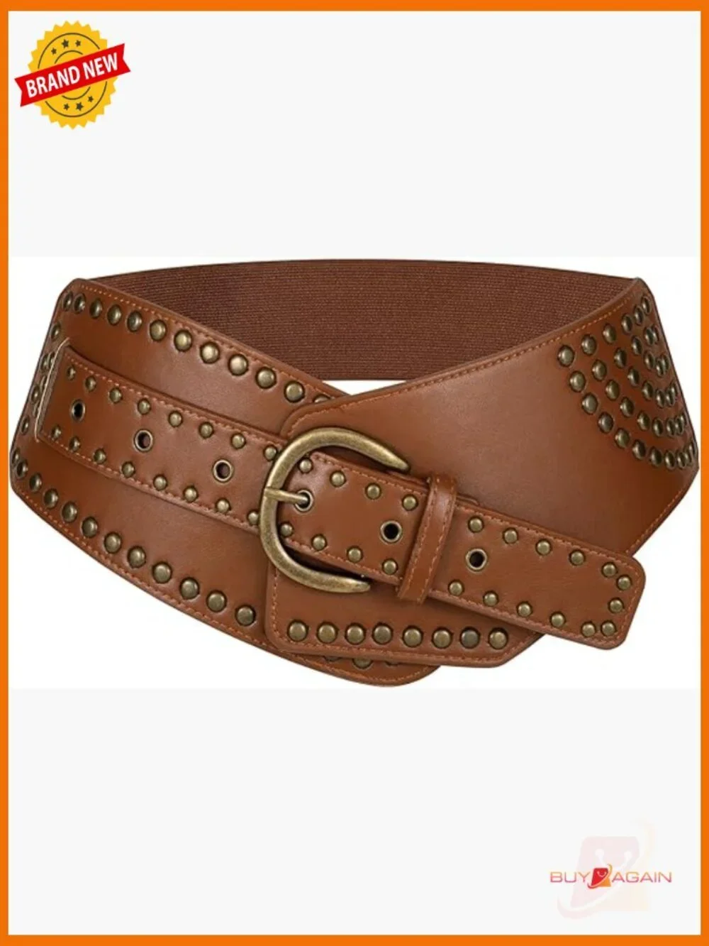 Vintage Wide Elastic Belt with Studs & Buckle - Stretchy Faux Leather Waist Belt